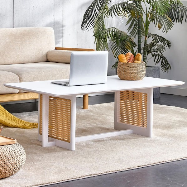 47 in. Rectangle White Solid Wood Coffee Table with Rattan Detail -Low Profile Living Room Table