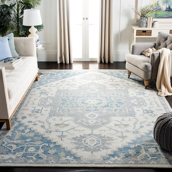 Micro-Loop Ivory/Navy 10 ft. x 14 ft. Floral Medallion Area Rug