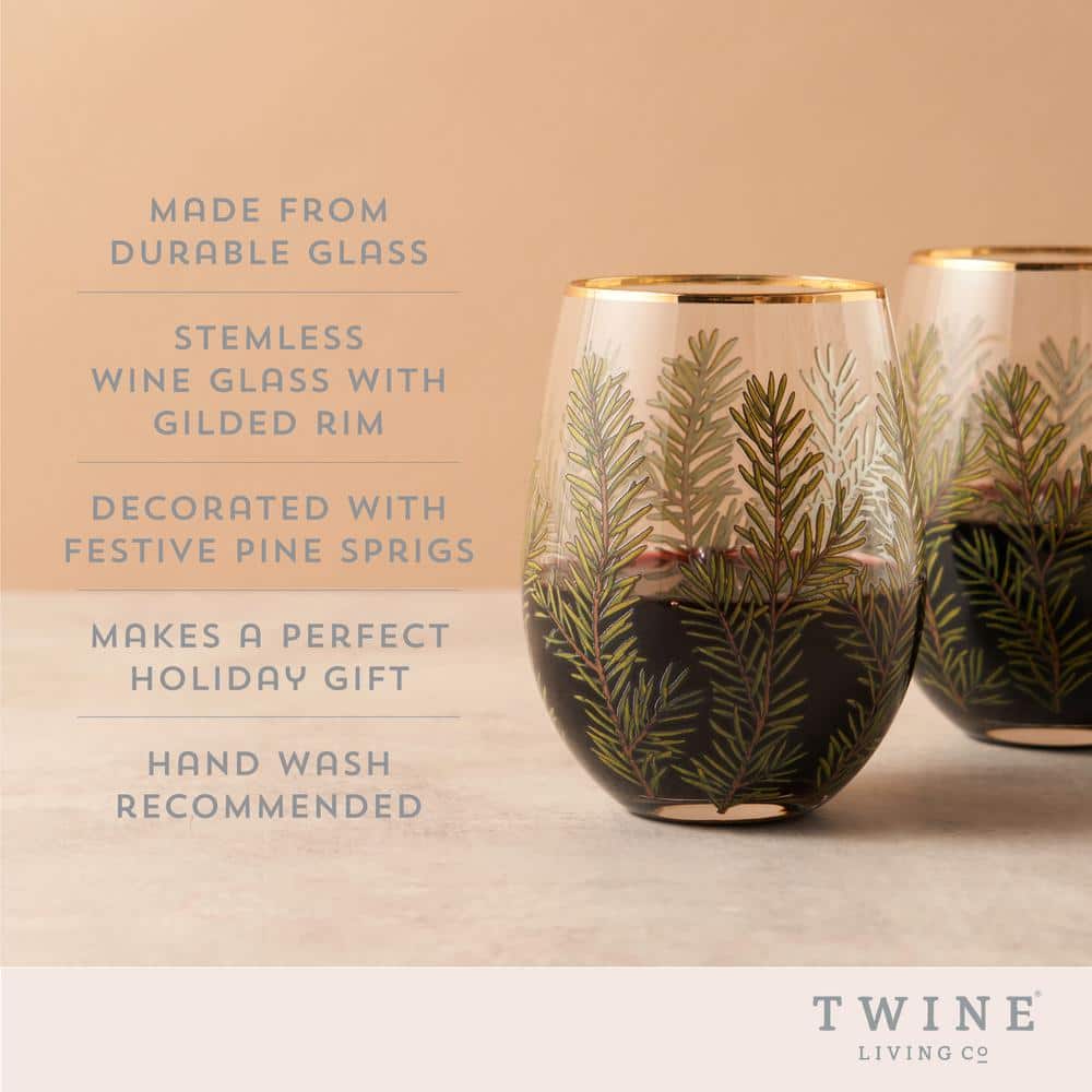 Winter Woodland Stemless Wine Glasses with Gold Rim, 16oz, Set of 2