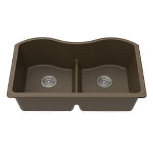Undermount Granite Composite 33 in. x 20 in. x 9-1/2 in. Double Equal Bowl Low Divide Kitchen Sink in Mocha