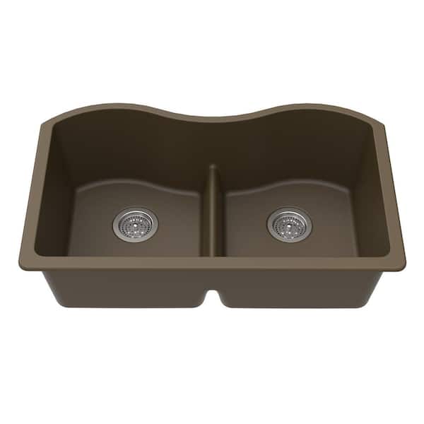 Winpro Undermount Granite Composite 33 in. x 20 in. x 9-1/2 in. Double Equal Bowl Low Divide Kitchen Sink in Mocha