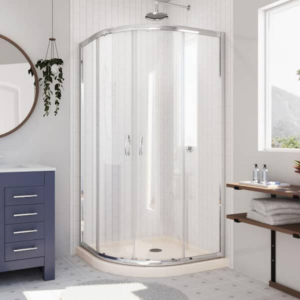 DreamLine Prime 36 in. x 36 in. x 74.75 in. H Corner Semi-Frameless Sliding Shower Enclosure in Chrome with Shower Base in Biscuit