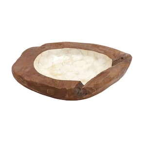 Brown Handmade Teak Wood Live Edge Free Form Decorative Bowl with Capiz Interior