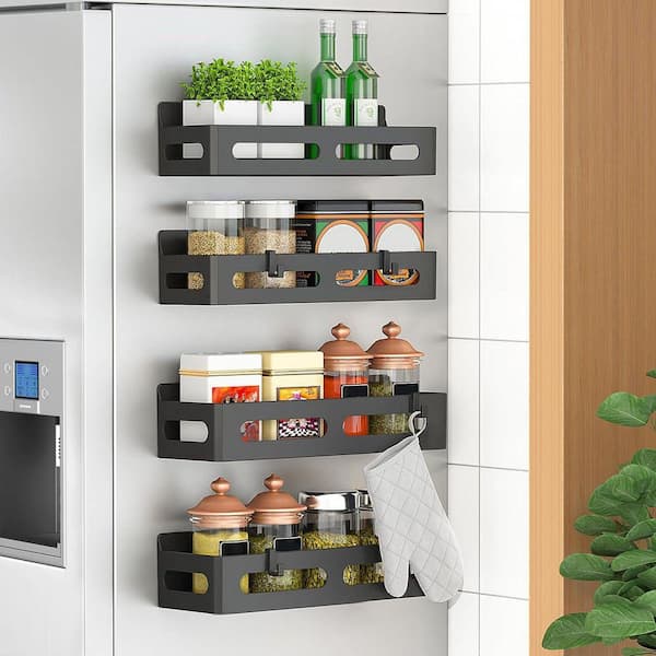 4-Shelves Black Magnetic Mount Spice Rack Organizer Moveable Fridge Shelf with 4 Hooks for Kitchen Use