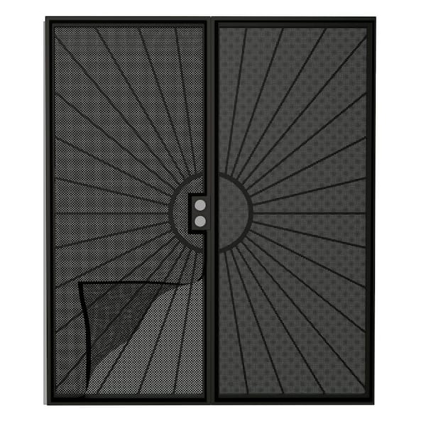 64 in. x 80 in. Reversible Hinging Black Surface Steel Security Door w/ Perforated Metal Screen and Bug Net without Lock