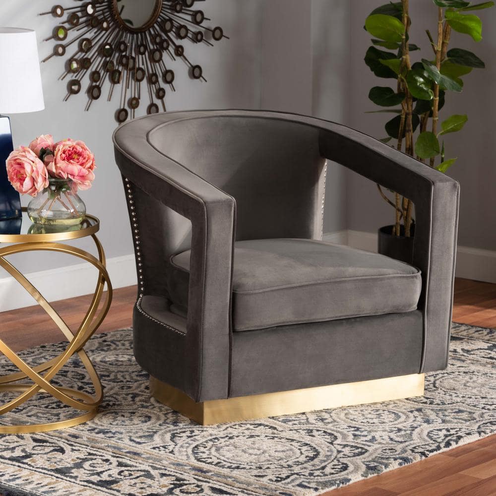 Elegant Grey Velvet Barrel Accent Chair with Gold Metal Base