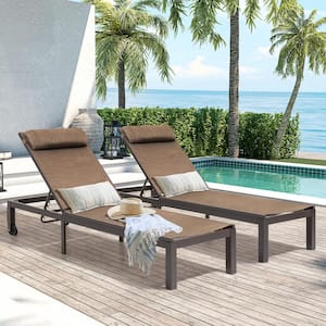2-Piece Aluminum Adjustable Outdoor Chaise Lounge in Brown