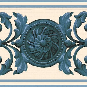 Falkirk Dandy II Blue Beige Scrolls Damask Peel and Stick Wallpaper Border