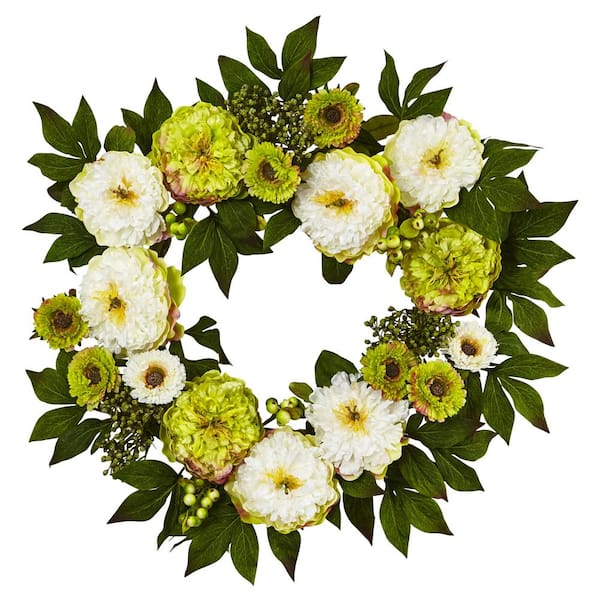 Nearly Natural 24 in. Artificial Peony Mum Wreath