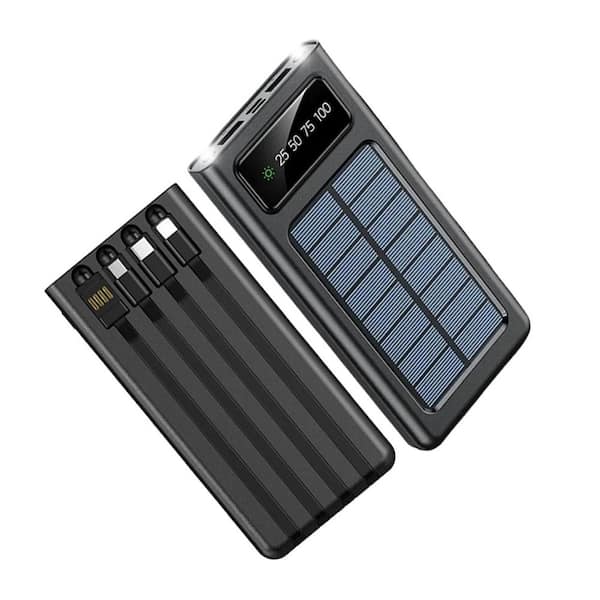 20000mAh Solar Power Bank Portable Charger with Dual Flashlights and 4 USB Cables Black for Camping and Emergency