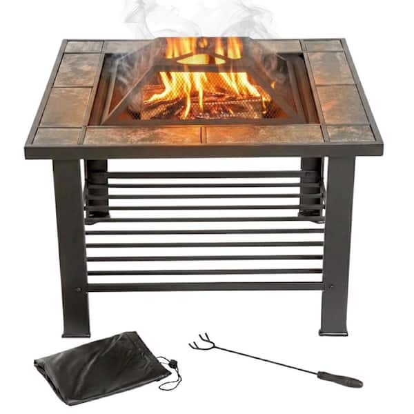 Pure Garden 30 in. Square Steel Fire Pit and Table with Cover