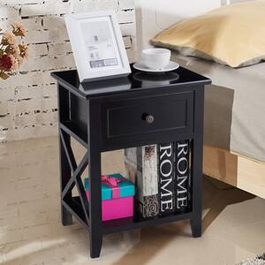 1-Drawer Black End Bedside Table Nightstand Drawer Storage Room Decor with Bottom Shelf 16 in. x 12 in. x 21 in.
