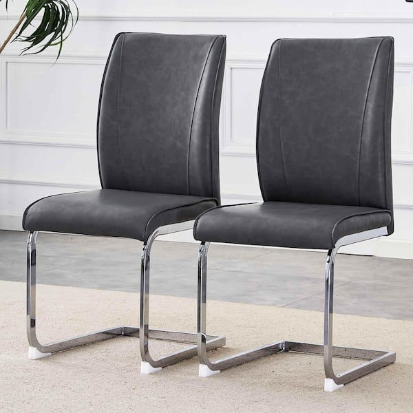 Dark Gray,Silver PU Leather Metal Frame Dining Chairs Set of 2