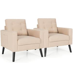 Set of 2 Upholstered Accent Chair Single Sofa Armchair w/Wooden Legs Beige