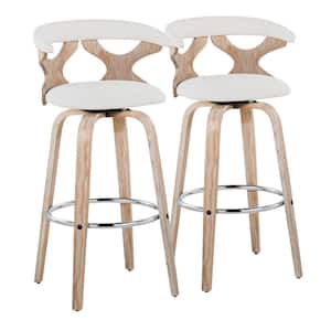 Gardenia 29.25 in. Cream Fabric, White Washed Wood and Chrome Metal Fixed-Height Bar Stool Round Footrest (Set of 2)