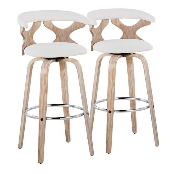 Lumisource Gardenia 29.25 in. Cream Fabric, White Washed Wood and Chrome Metal Fixed-Height Bar Stool Round Footrest (Set of 2)