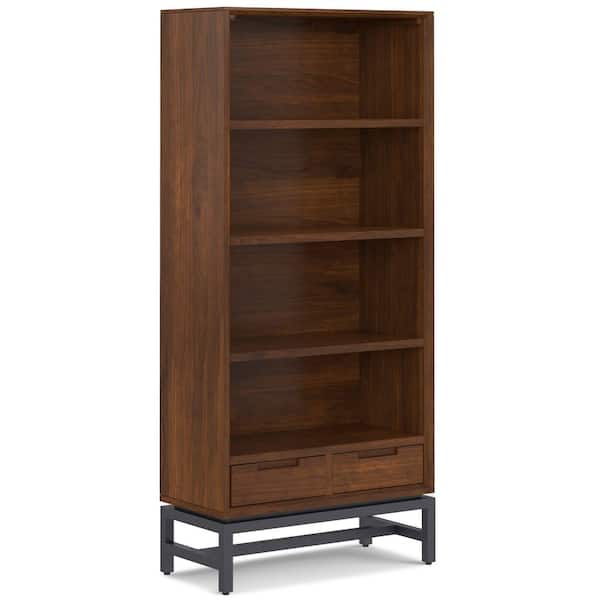 Simpli Home Banting SOLID WOOD and Metal 66 in. x 30 in. Rectangle Industrial Bookcase in Walnut Veneer