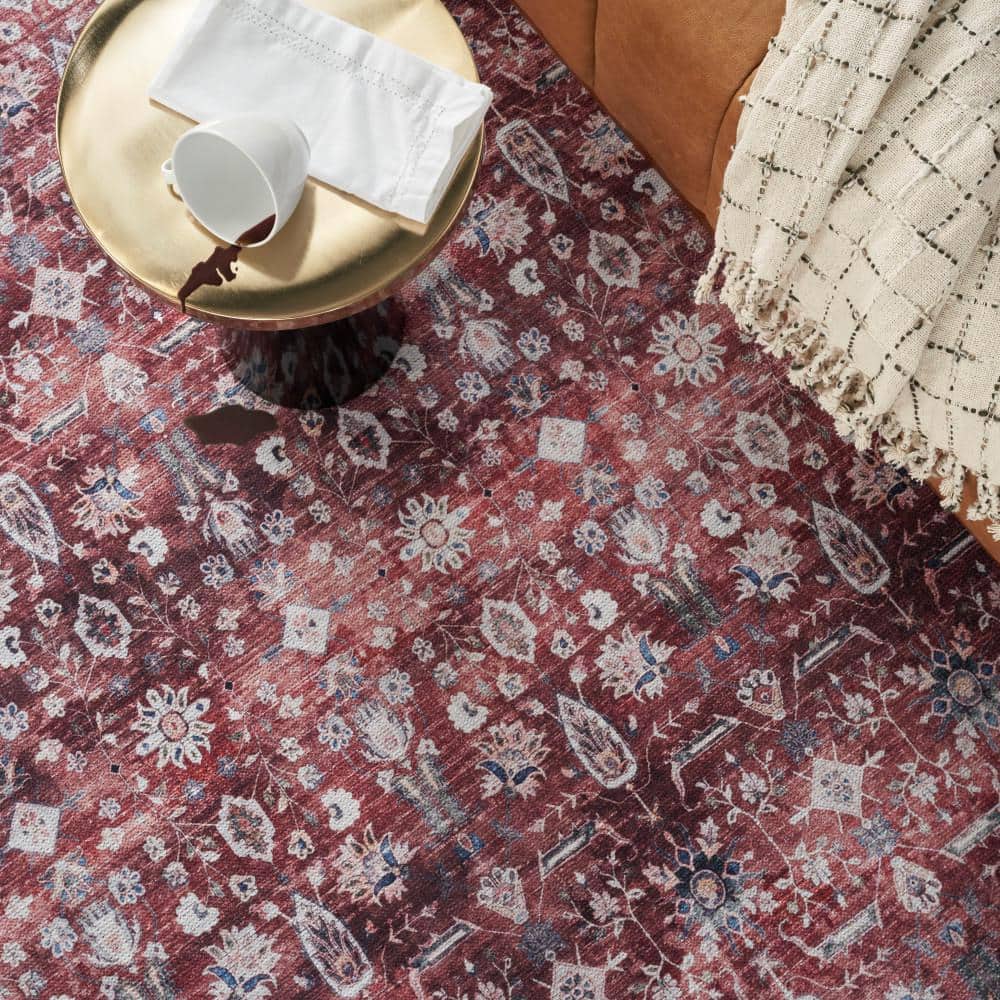 Brick and Ivory Floral Washable Synthetic 5' x 7' Rug