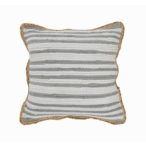 Kind Gray and White Jute Border Striped Textured Poly-Fill 18 in. x 18 in. Throw Pillow