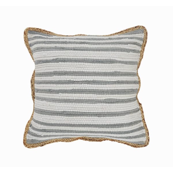 LR Home Kind Gray and White Jute Border Striped Textured Poly-Fill 18 in. x 18 in. Indoor Throw Pillow