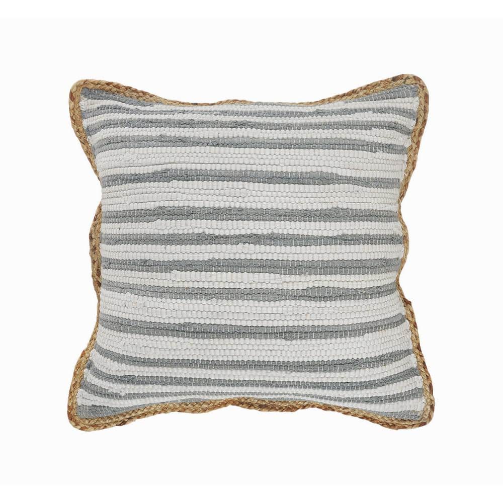 Kind Gray and White Jute Border Striped Textured Poly-Fill 18 in. x 18 in. 