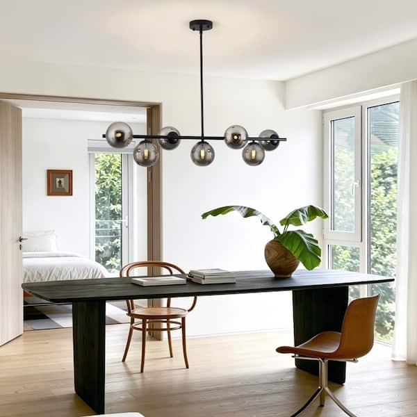 Rviezza Modern 7-Light Black Linear Chandelier with Smoked Glass
