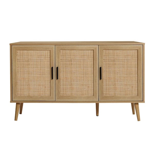 LuxenHome Light Oak 27.76 in. H 3-Door Rattan Wood Sideboard Storage Cabinet