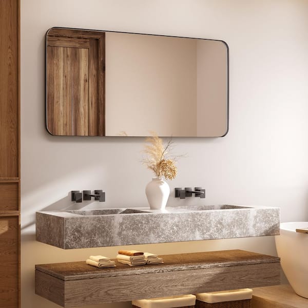 60 in. W x 30 in. H Tempered Glass Rectangular Framed Wall-Mounted Bathroom Vanity Mirror in Black
