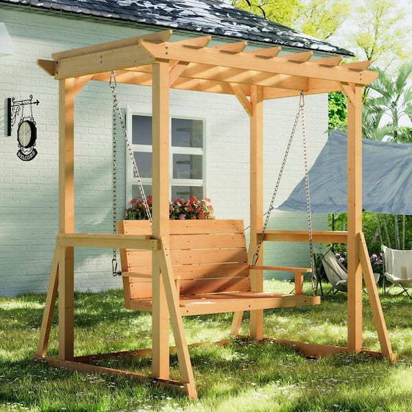 53 in. 2-Person Wood Porch Swing with Galvanized Chains in Natural Cedar, 600 lbs Capacity for Backyard Porch Garden