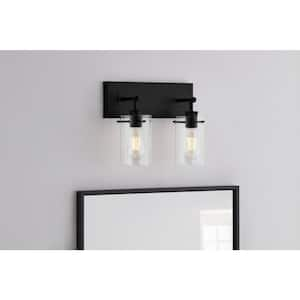 Regan 12.75 in. 2-Light Matte Black Bathroom Vanity Light with Clear Glass Shades