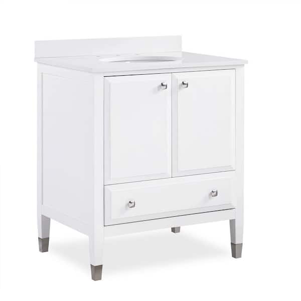 null Tricia 30 in. Bathroom Vanity in White w/Composite Granite Vanity Top in White w/White Ceramic Oval Sink and Backsplash