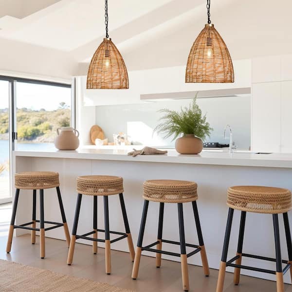 Modern Farmhouse 1-Light Brown Pendant Light with Handmade Rattan shade No Bulbs Included