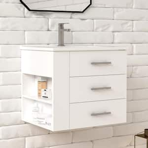 Rita 24.25 in. Single Sink Wallmount Bath Vanity with White Ceramic Countertop in Matte White with Left Side Shelf