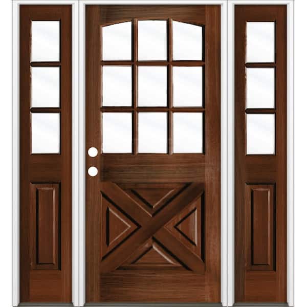 Krosswood Doors 64 in. x 80 in. Farmhouse X Panel RH 1/2 Lite Clear Glass Red Mahogany Stain Hemlock Prehung Front Door with DSL