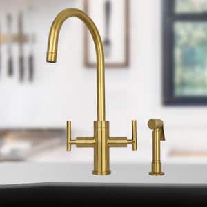 2-Handles Standard Kitchen Faucet with Side Spray in Brushed Gold