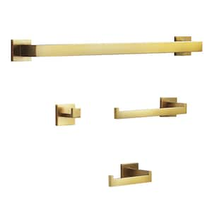 4-Piece Stainless Steel Bath Hardware Set with Towel/Robe Hook, Towel Bar/Rack and Toilet Paper Holder in Brushed Gold