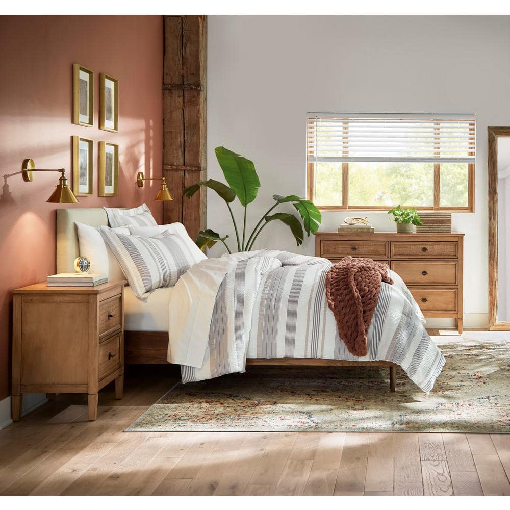 Alinia Light Beige Fabric Upholstered Walnut Wood Queen Platform Bed