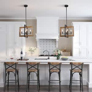 4-Light Black Modern Farmhouse Geometric Caged Wood Candelabra Chandelier LED Compatible Pendant Lighting