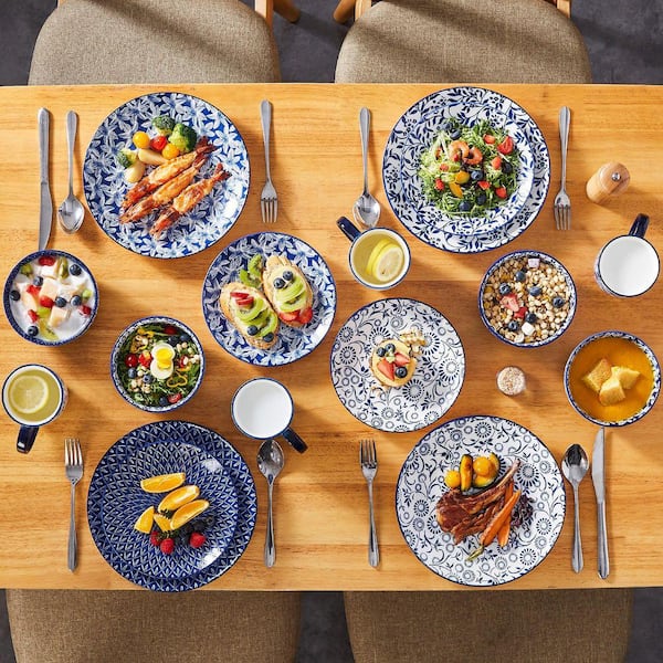 vancasso 16-Piece Blue Porcelain Dinnerware Set Service for 4 Dinner Set  with Dinner Plates Dessert Plates Cereal Bowls and Mugs VC-SELENE-16B
