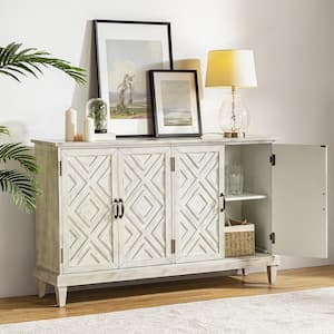 Arne 60'' Wide Traditional Solid Wood 4-Doors Geometric Patterns Storage Sideboard with Adjustable Shelves-WHITE