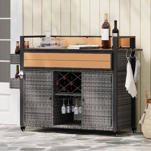 Ximuprmy Gray Wood 53 in. Kitchen Island with Poly Wood Tabletop, Rattan Wicker Exterior, Drop Leaf for Dining Room and Outdoors