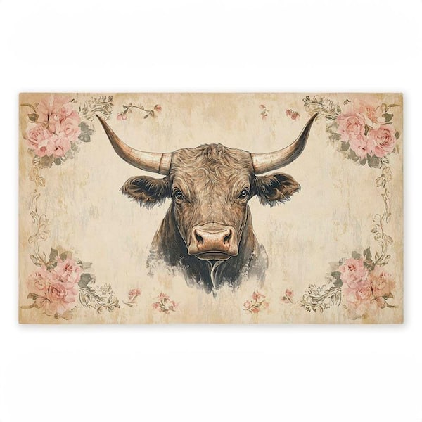 Cattle with Floral Border Beige 18 in. x 30 in. Polyester Non-Slip Outdoor Door Mat