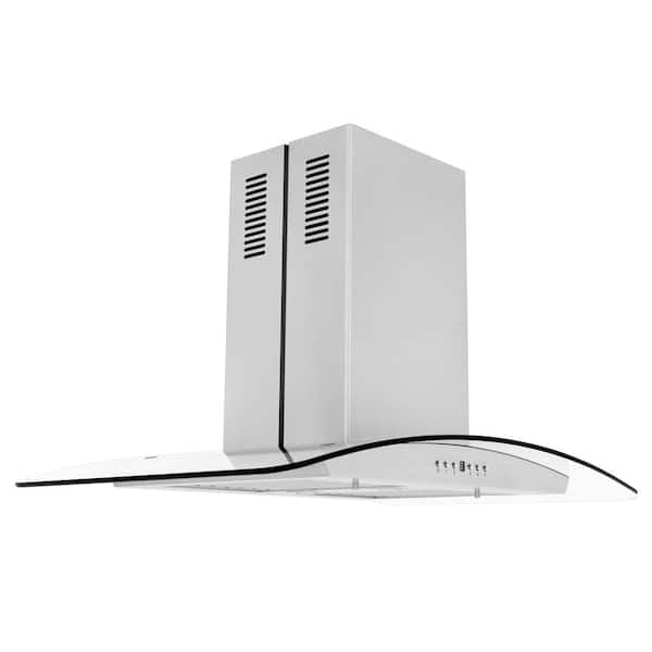 ZLINE Kitchen and Bath 30 in. 400 CFM Convertible Island Mount Range Hood with 2 LED Lights in Stainless Steel with Curved Glass
