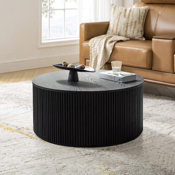 JAYDEN CREATION Deliat Modern 35.5 in. Black Wood Storage Round Coffee Table