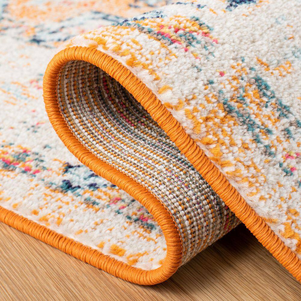 Ivory and Orange Square Synthetic Flat Woven Area Rug