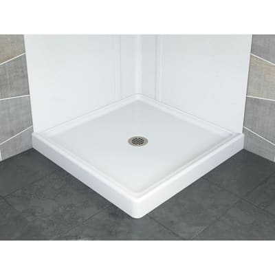 Foundations 32 in. L x 32 in. W Corner Shower Pan Base with Center Drain in White