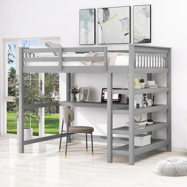 Qualler Gray Full Size Loft Bed with Storage Shelves and Under-Bed Desk