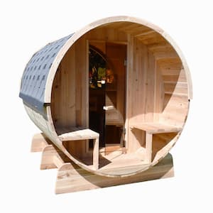 Outdoor Indoor Cedar Wet Dry Barrel Sauna Canopy Panoramic View Shingle Roofing 8kW UL Certified Harvia Heater 6-8 Pers