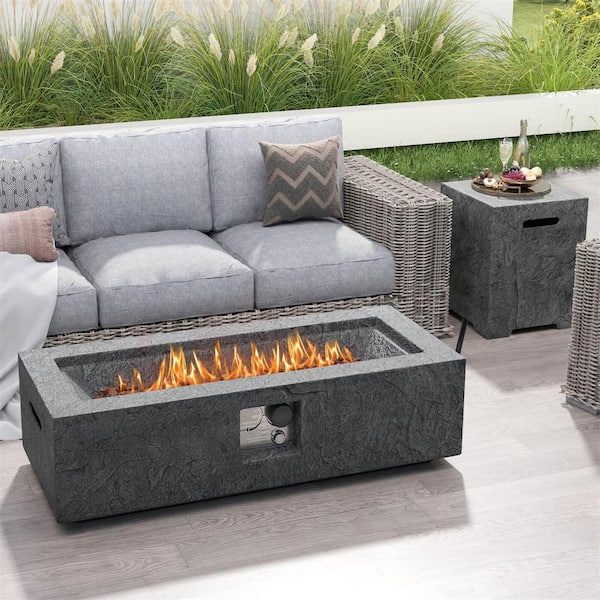 Gray Metal 42.5 in. W Outdoor Magnesium Oxide Propane Gas Fire Pit with Hideaway Tank Holder Lava Rocks