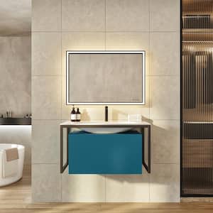 Modena 32 in. W x 18 in. D x 19 in. H Floating Bathroom Vanity in Teal with White Solid Surface Top with White Sink